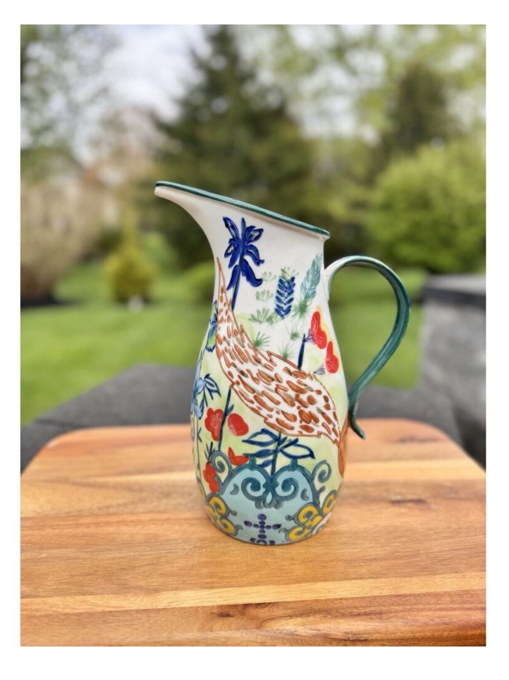 Anthropologie English Meadow Fox Hand-Painted Floral Ceramic Pitcher